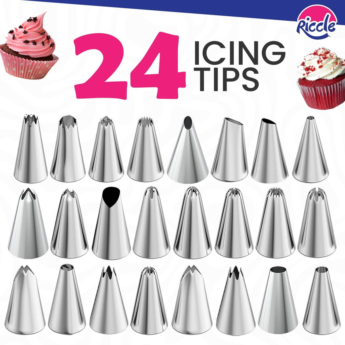 24-piece metal icing piping tip set with assorted star and round nozzles
