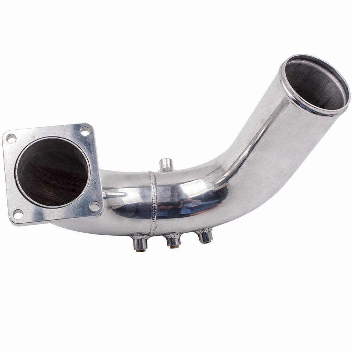 Stainless intake elbow tube with dual openings and mounting flange holes.
