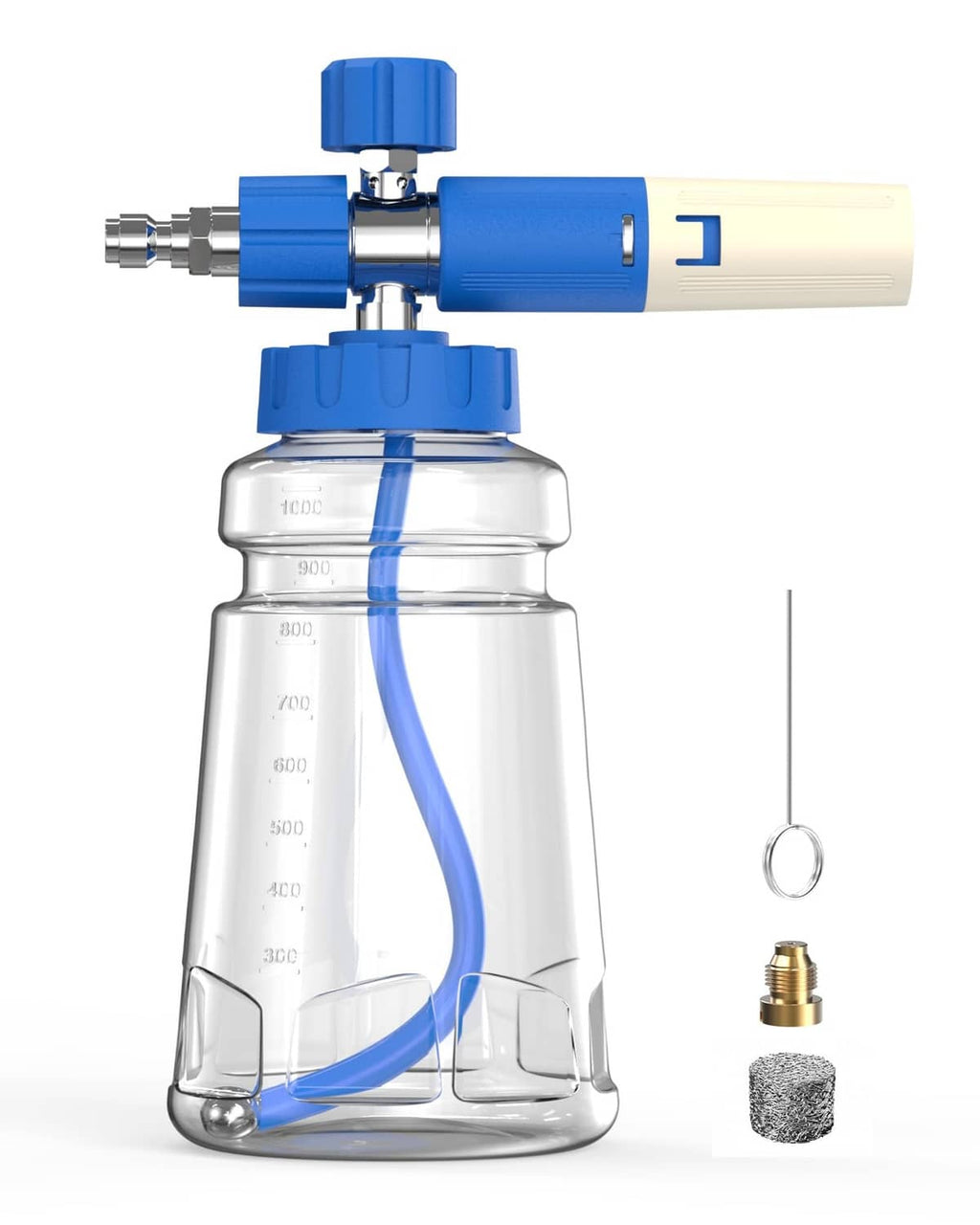Blue foam cannon with clear bottle and pressure-washer quick-connect spray head