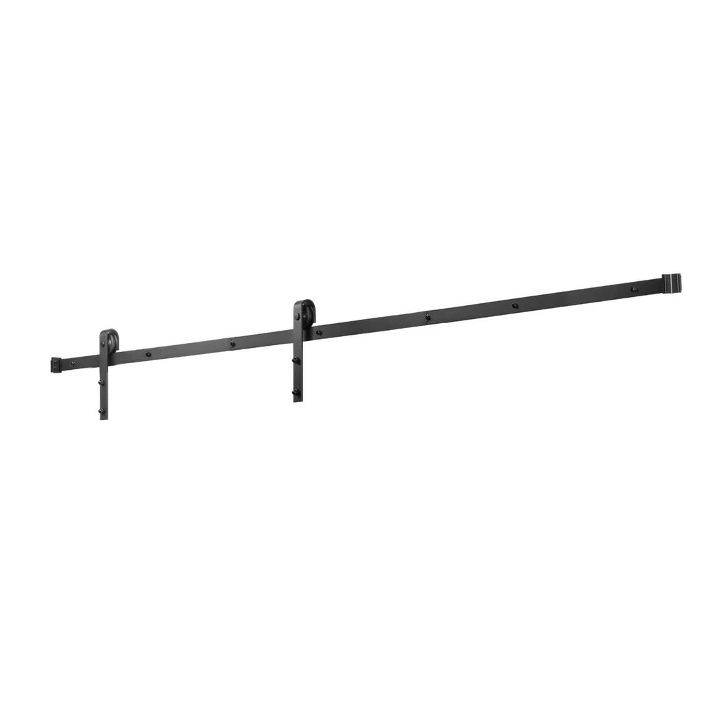 Black sliding barn door hardware track with wall mounting brackets