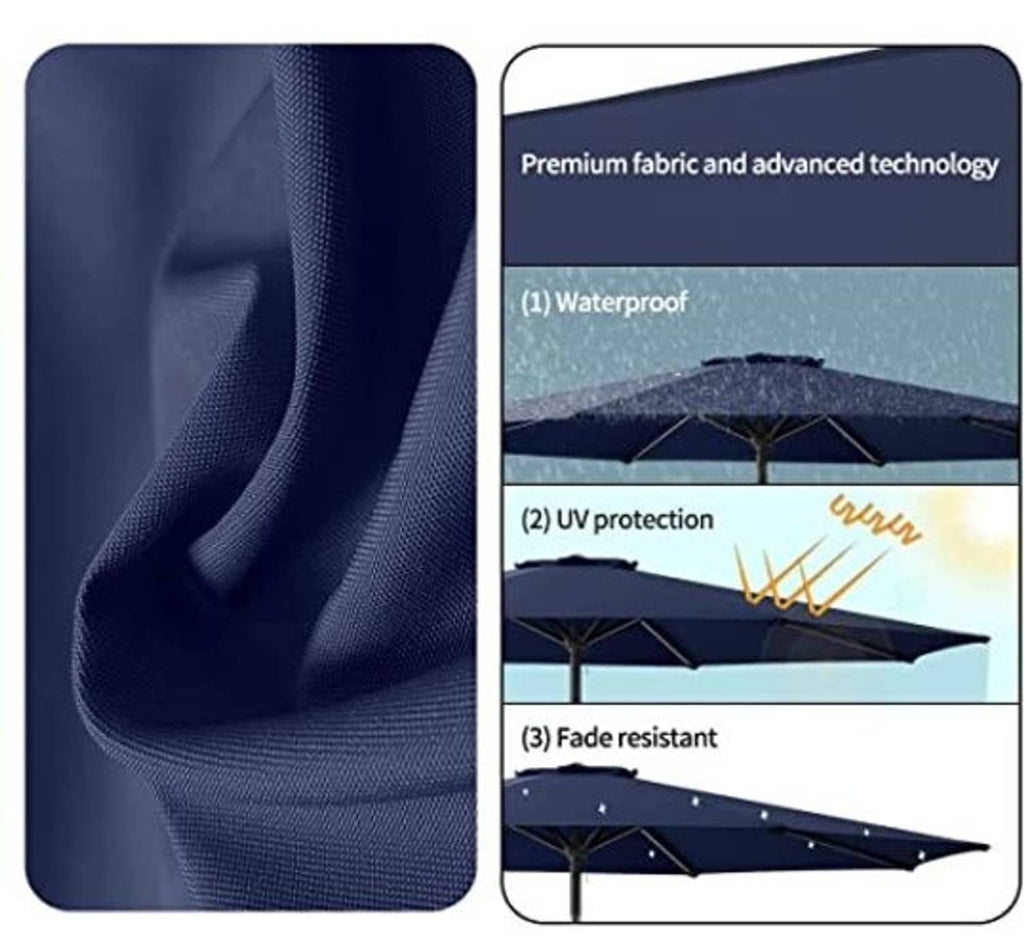 Navy umbrella canopy fabric with waterproof, UV, and fade-resistant protection icons