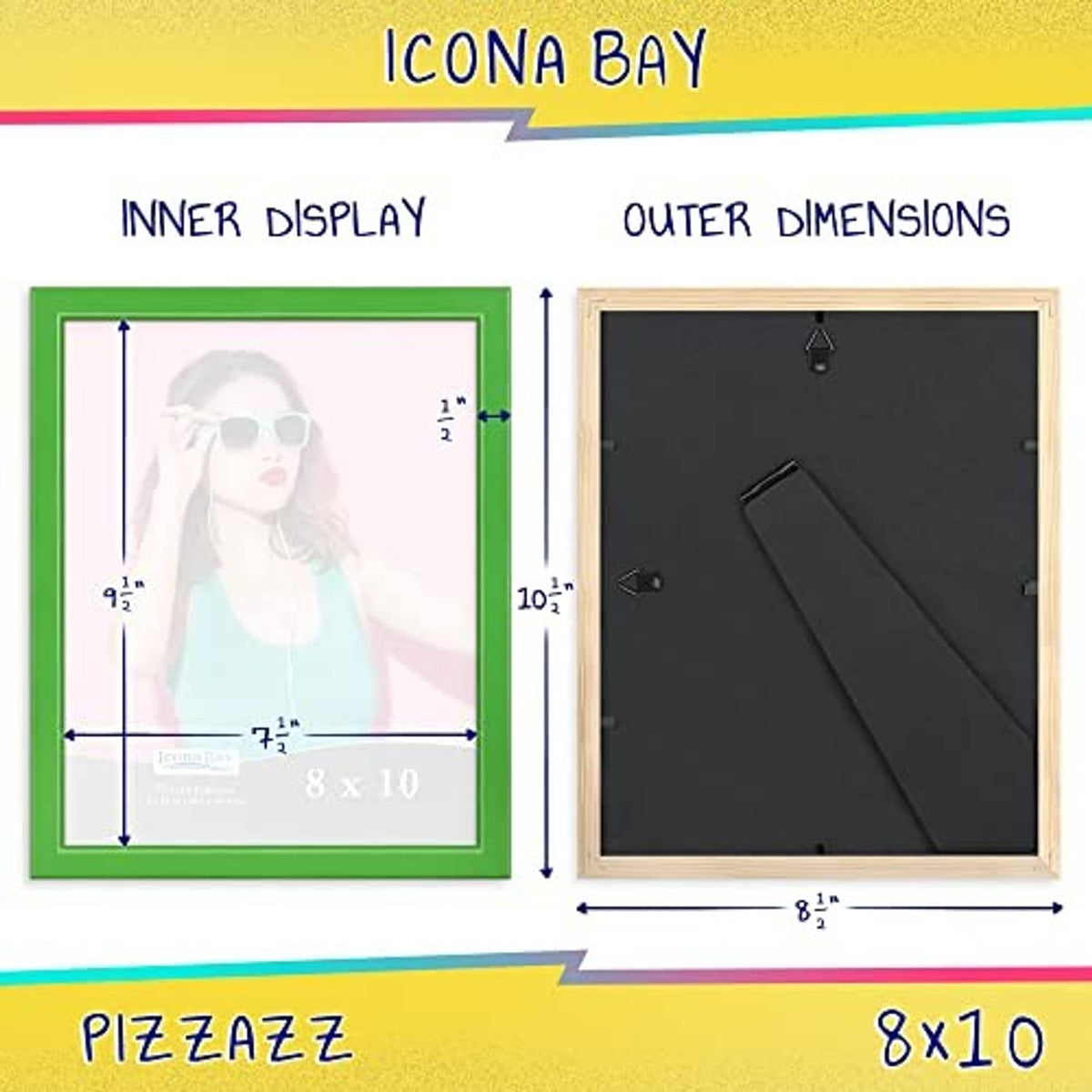Green 8x10 solid wood picture frame size diagram with inner display dimensions.