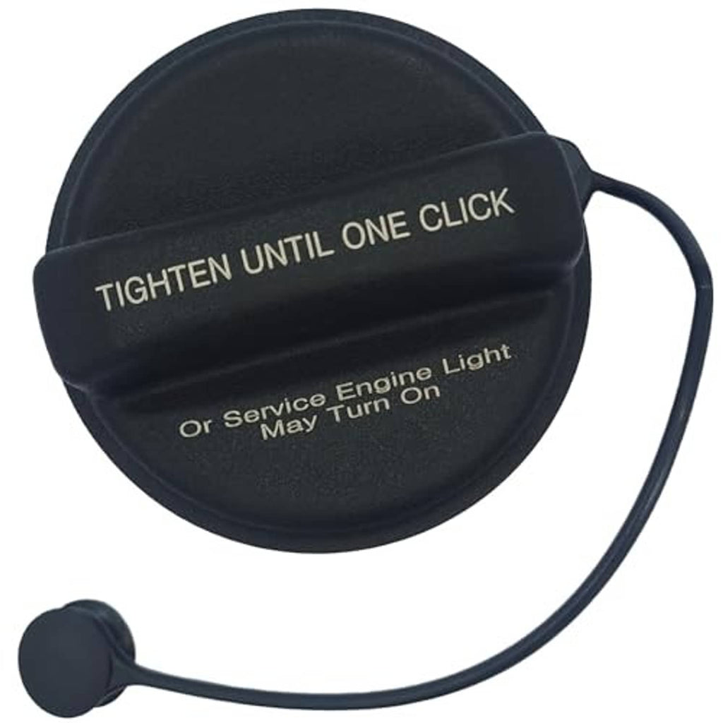 Black fuel tank filler cap with tether cord, 'TIGHTEN UNTIL ONE CLICK' text