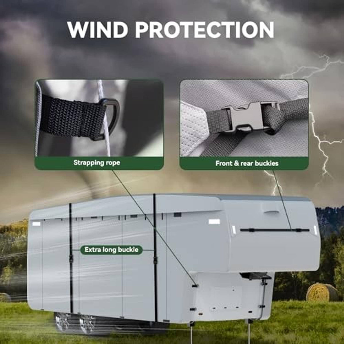 5th wheel RV cover tie-down straps and front/rear buckle connection points