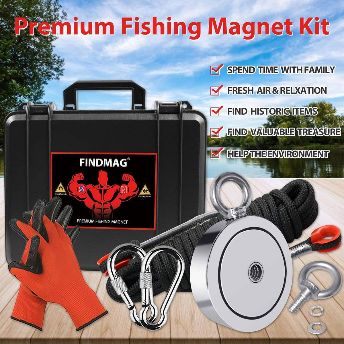 Double-sided fishing magnet kit with magnet disc, rope, hooks, carabiners, gloves, and case