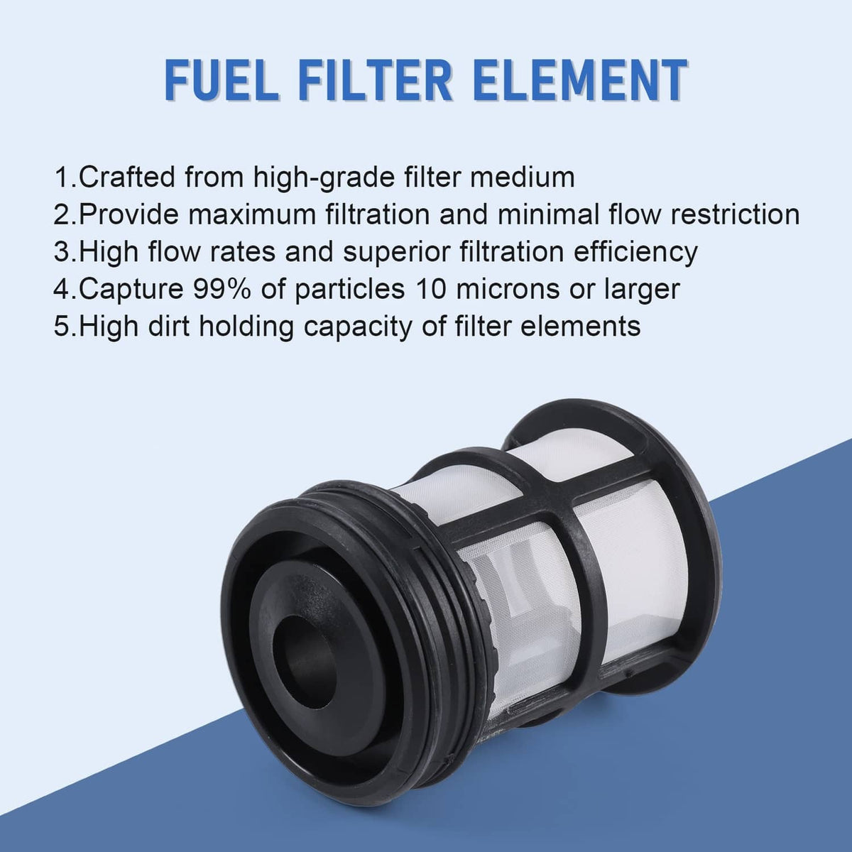 Fuel filter element cartridge with black end caps and intake neck