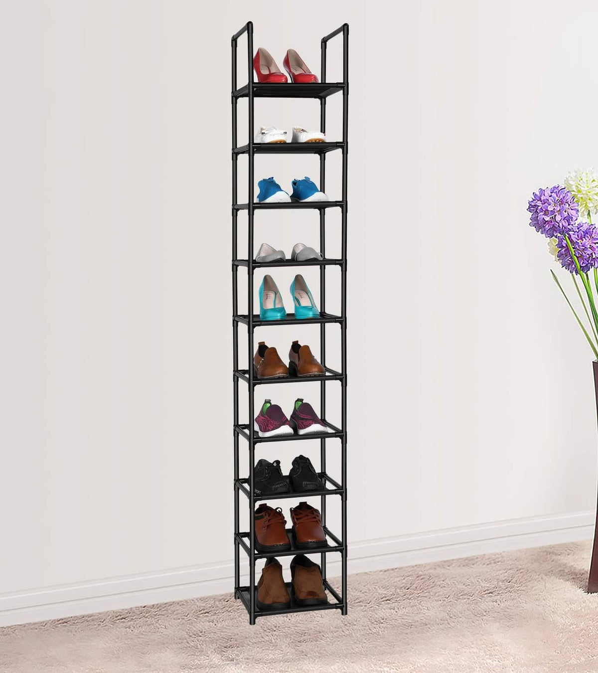 Black 10-tier shoe rack standing upright with open shelves and assorted shoes