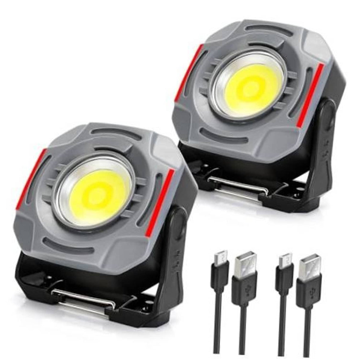 Rechargeable portable flood work light, gray housing with hook stand and USB cables