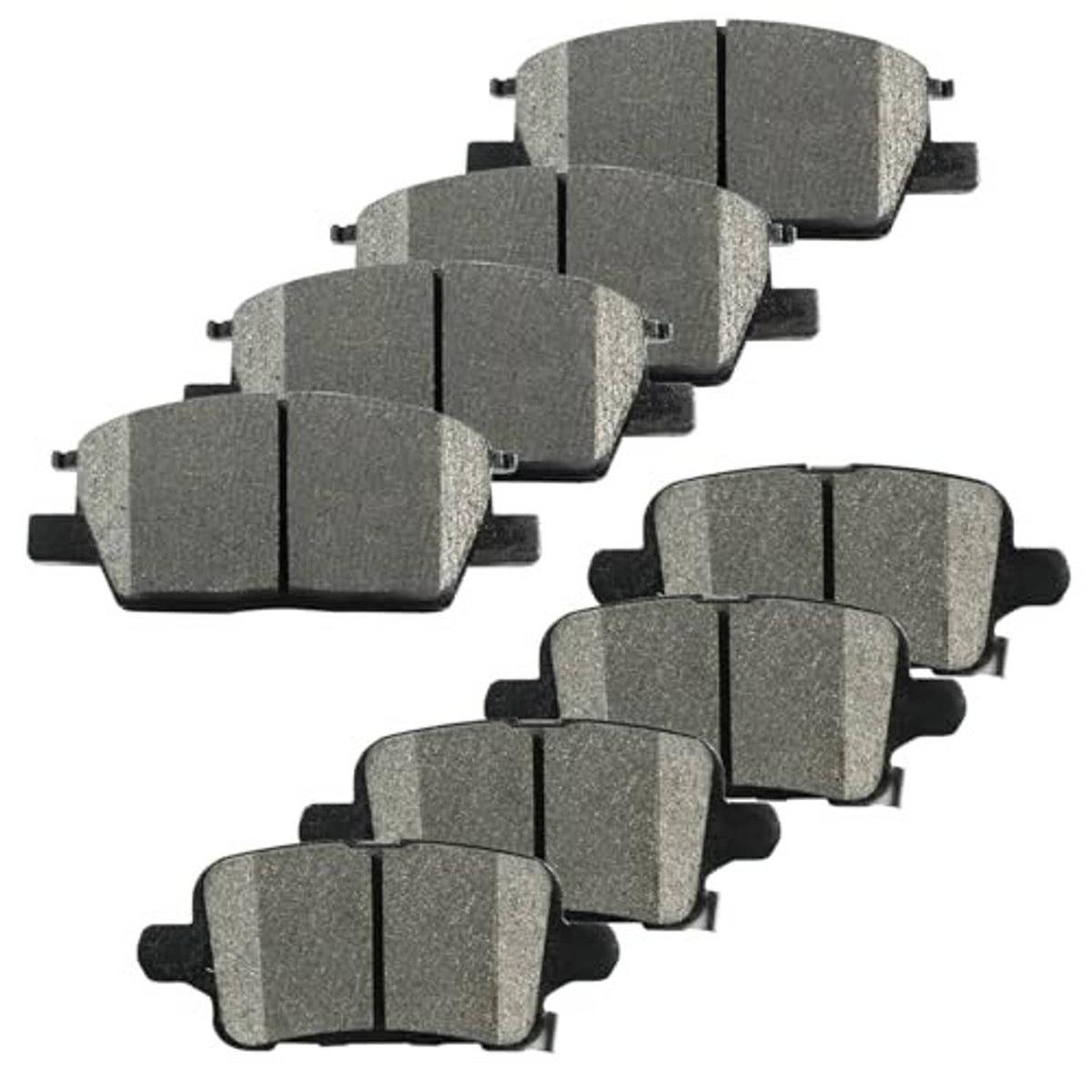 Gray ceramic brake pads kit with metal mounting clips, front and rear pieces