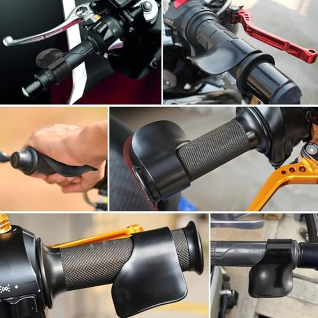 Black motorcycle throttle assist grip cover attached over textured throttle handle