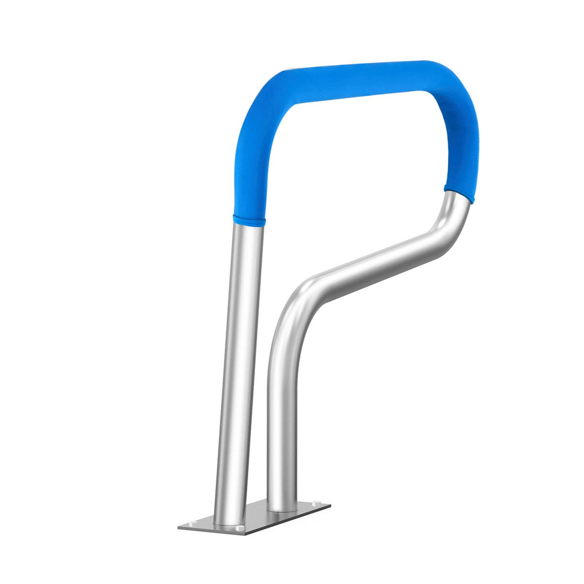 Stainless steel pool handrail with blue grips, curved arms, and square base