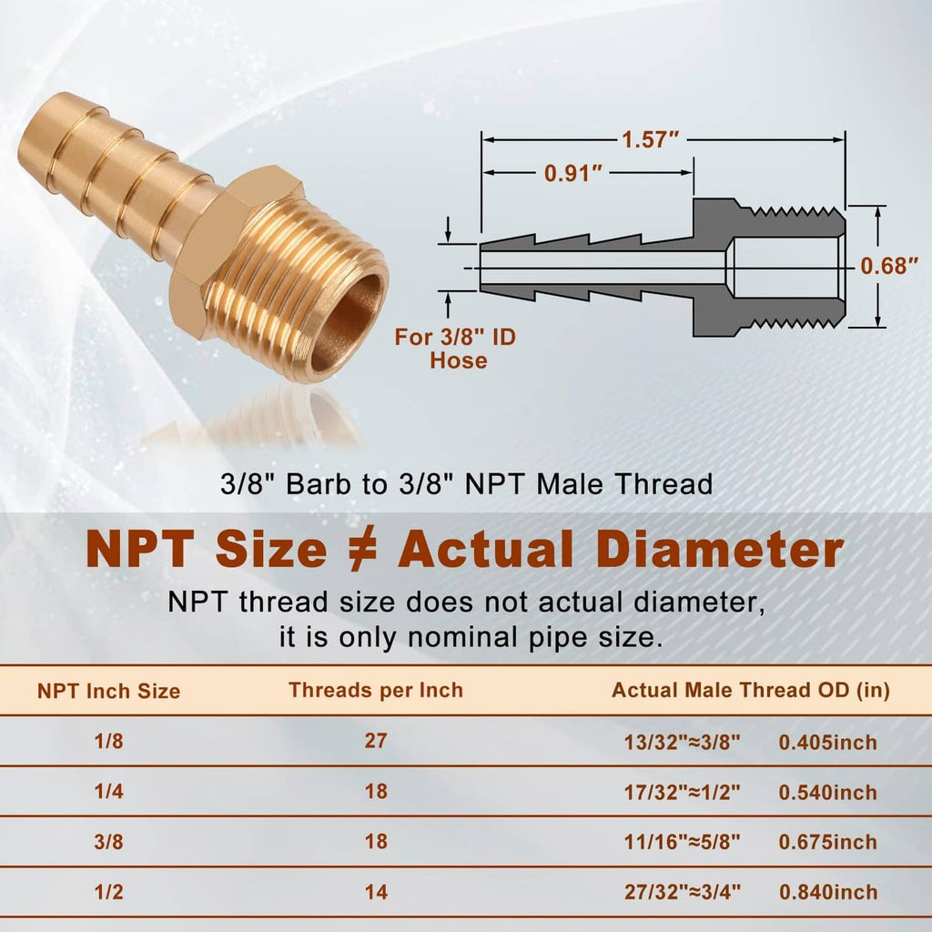Brass 3/8 in barb to 3/8 in NPT male hose fitting with size diagram