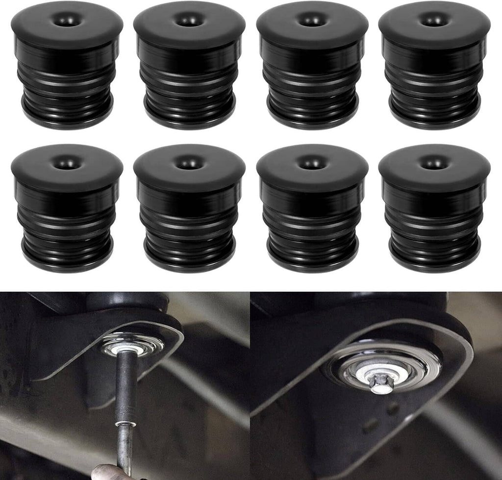 Set of black silicone body mount bushings, stacked with central mounting holes
