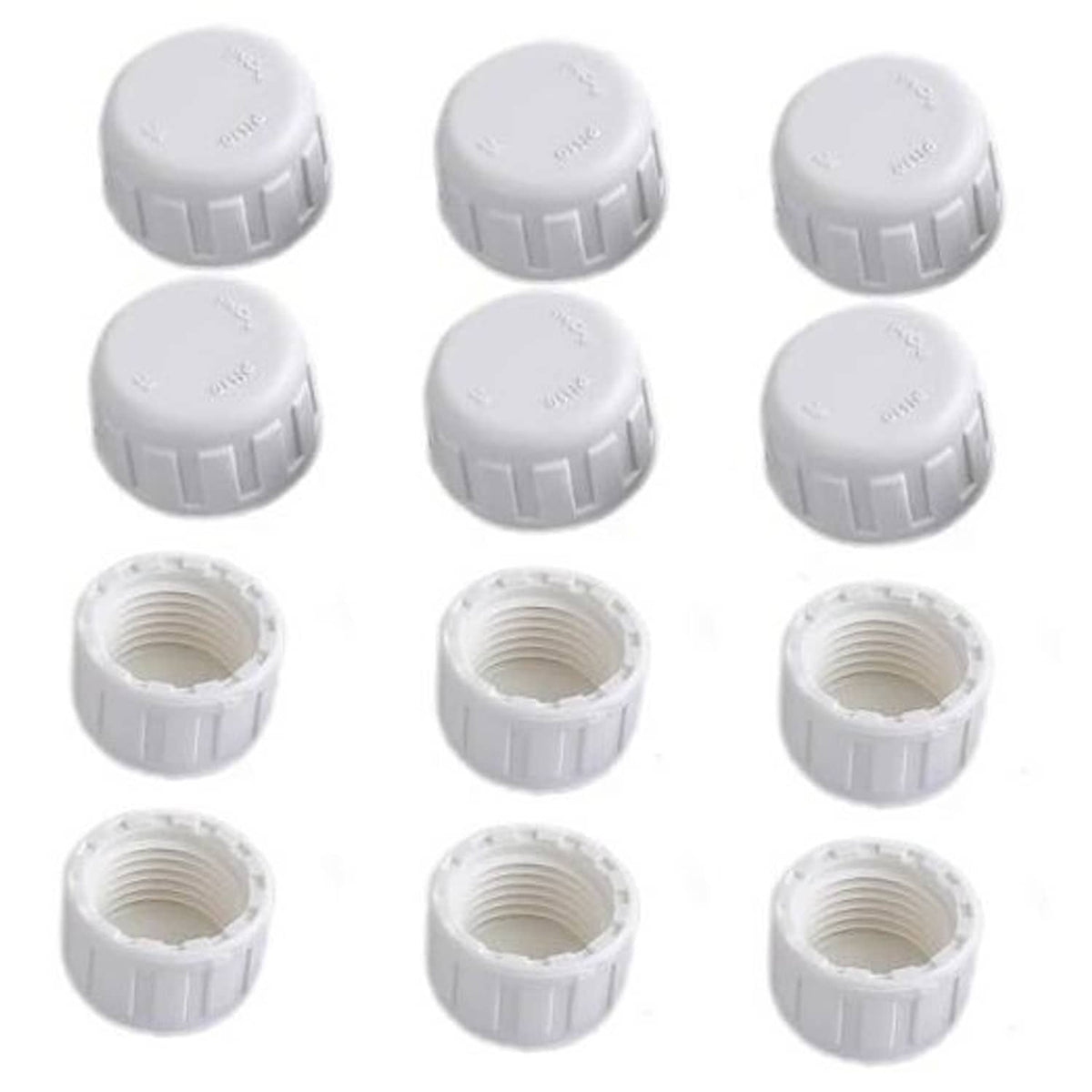 Twelve white PVC pipe end cap plugs with female threads, round tops