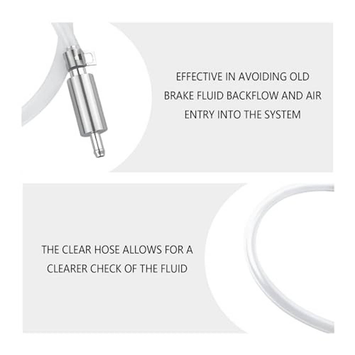 Clear brake bleeder hose with inline aluminum check valve for fluid direction control