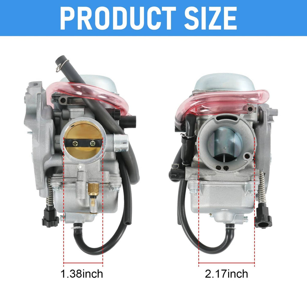 Carburetor assembly front and rear views with size guide overlay.