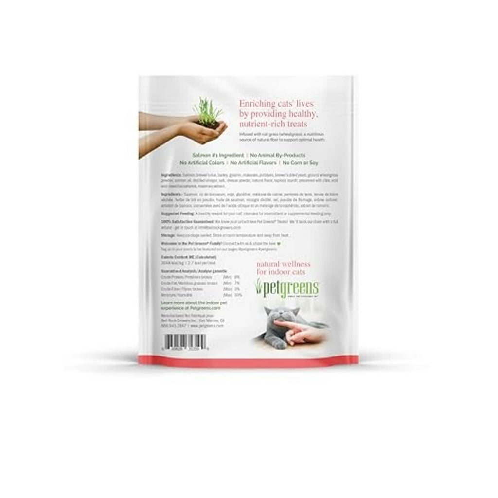Salmon recipe cat treats pouch back panel with feeding and ingredient details