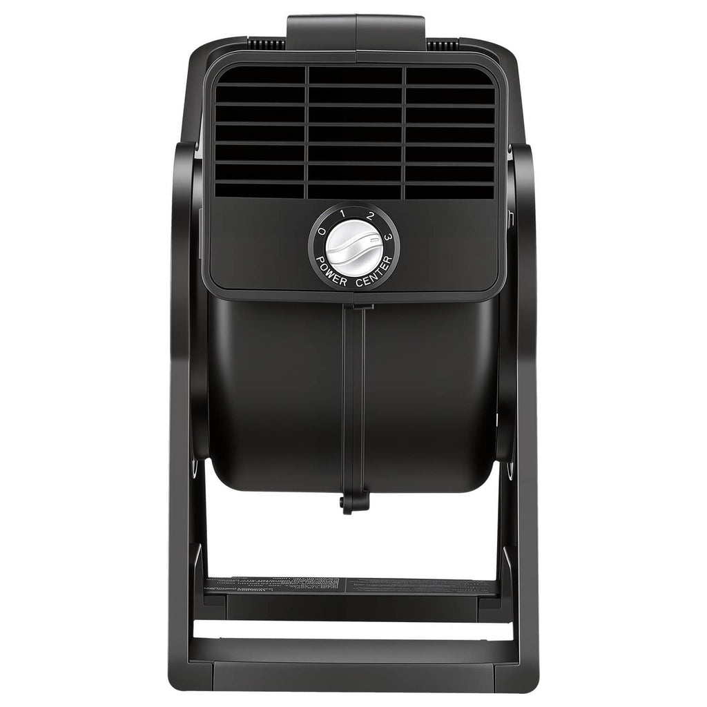 Black portable utility fan rear view with power panel, dial, and carrying frame