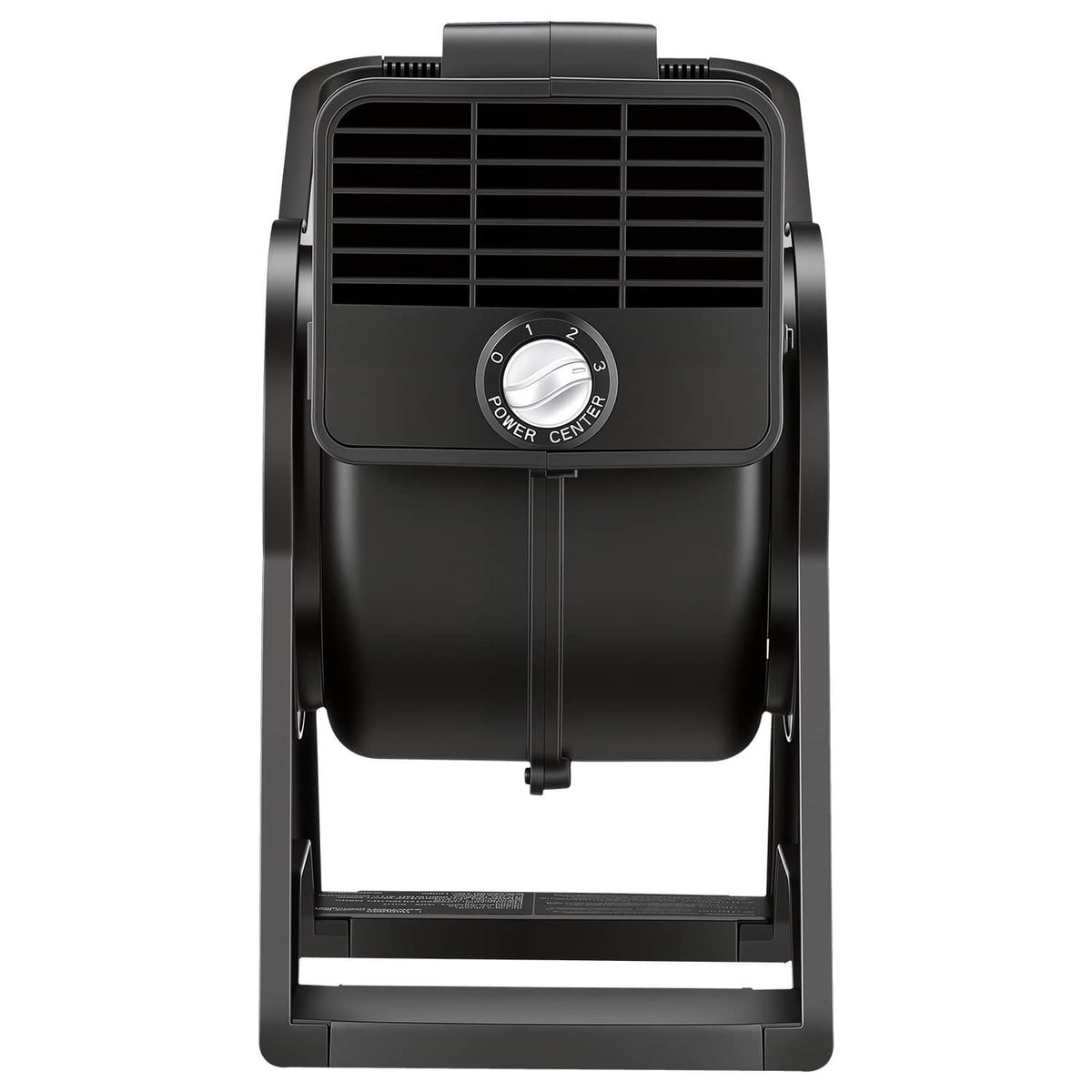 Black portable utility fan rear view with power panel, dial, and carrying frame
