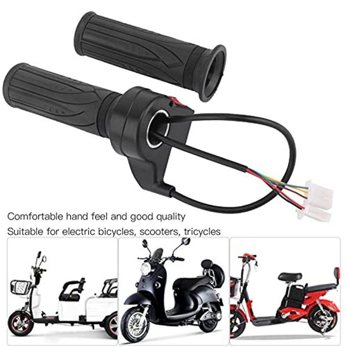 Black pair throttle grips with rubber ridges and central housing with cable
