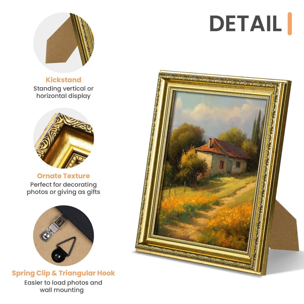 Gold vintage picture frame with ornate textured border and standing easel back