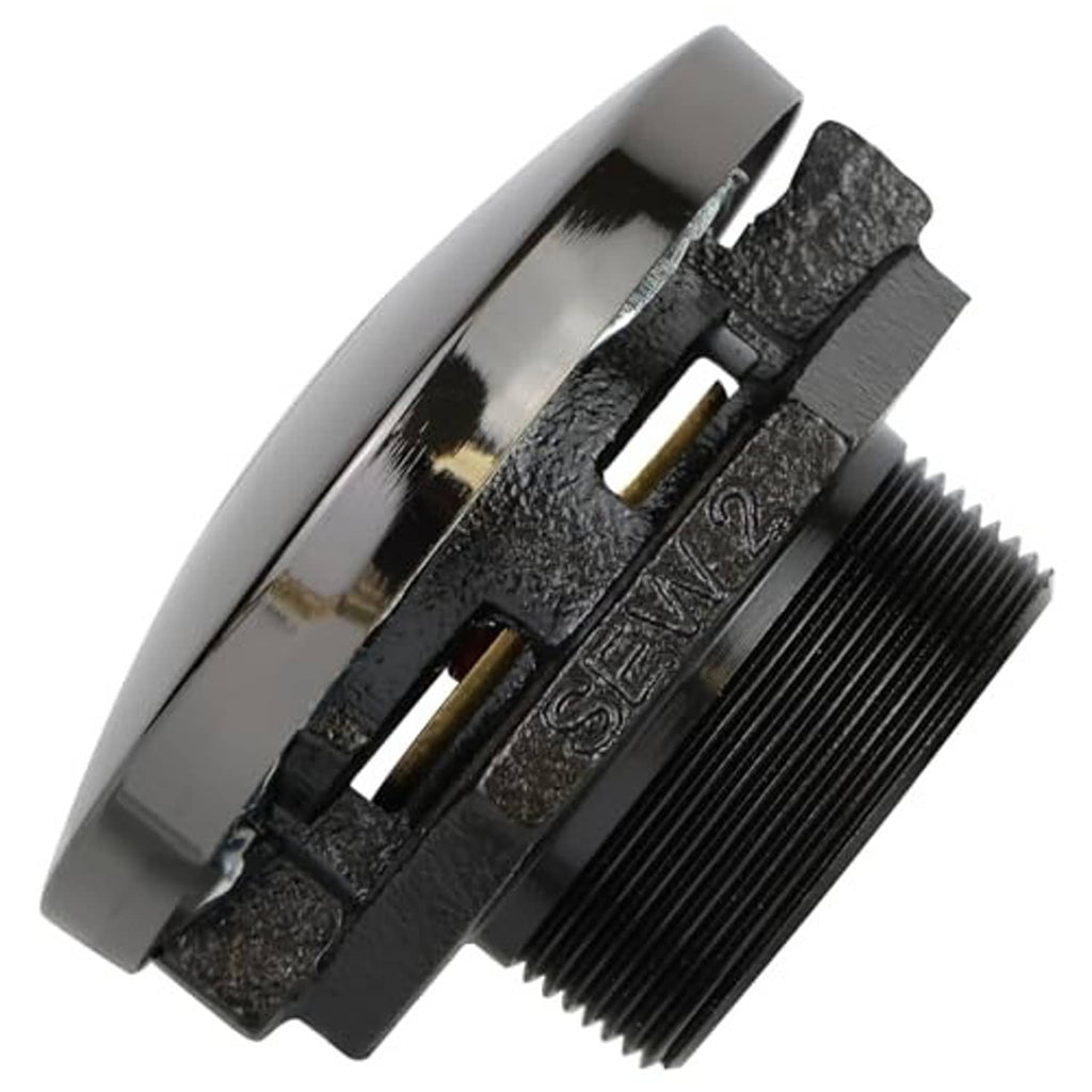 Vented black fuel transfer cap with 2-inch threaded neck, close-up angle
