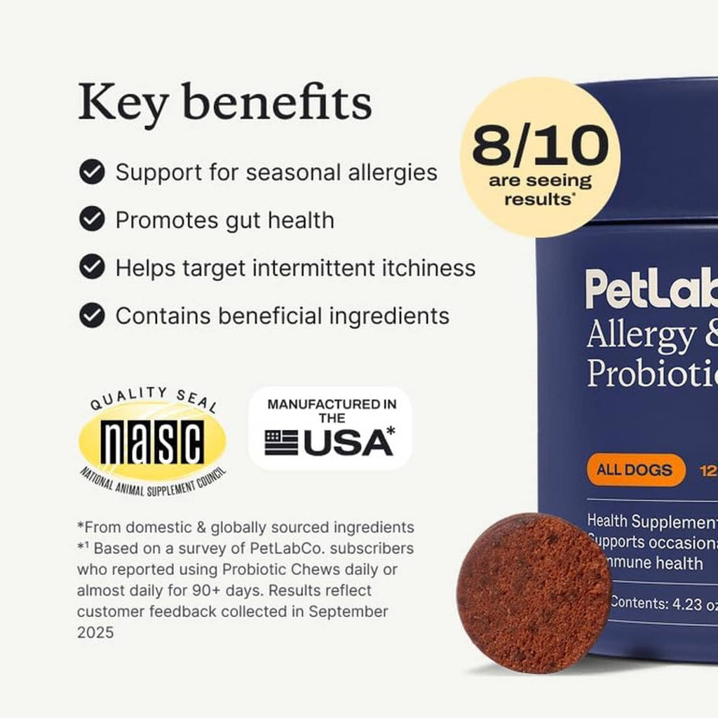 Key benefits graphic: supports seasonal allergies, promotes gut health, helps intermittent itch.