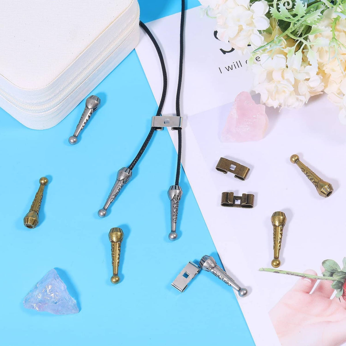 Bolo tie findings kit cords and hardware pieces with silver and gold-tone ends