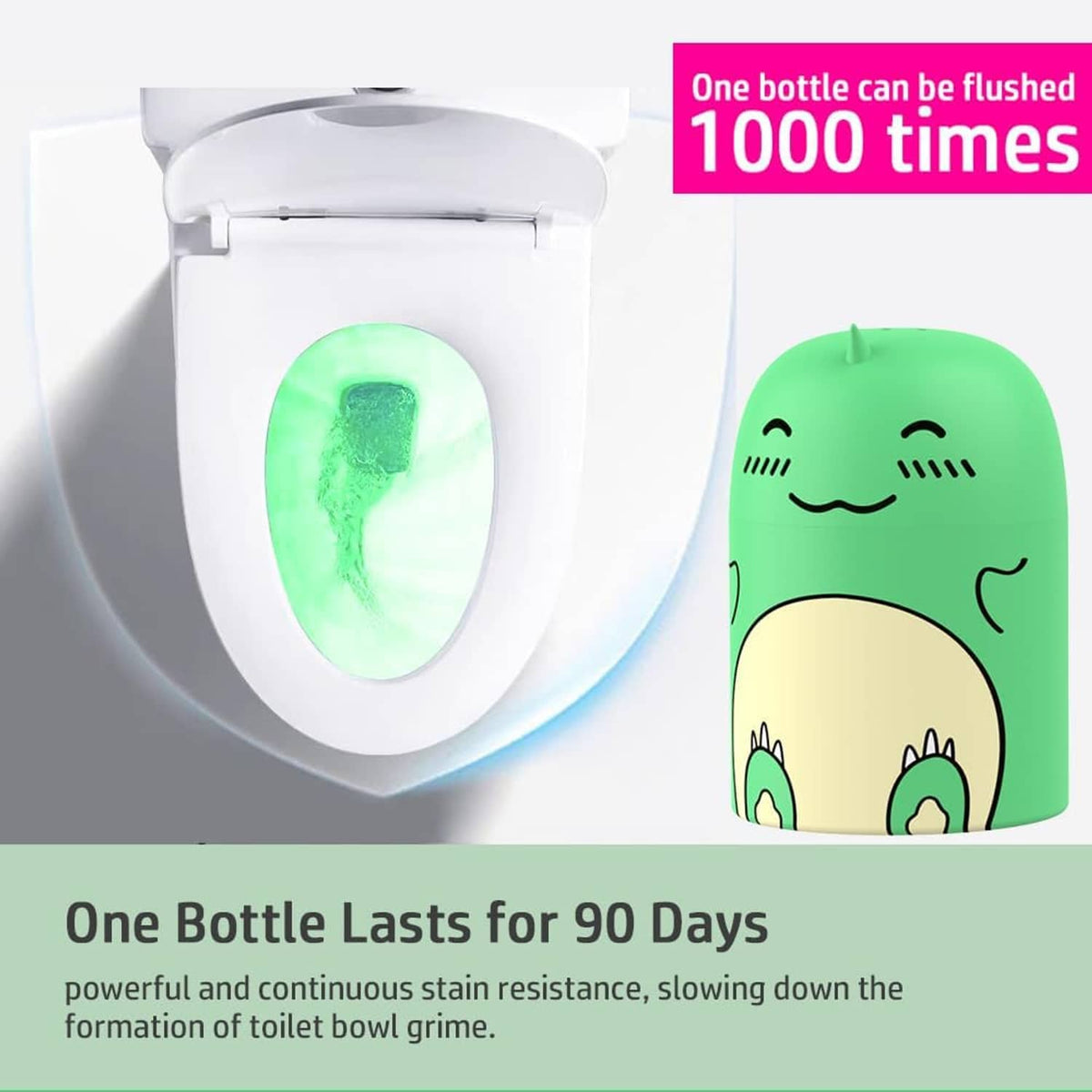 Dinosaur-shaped toilet cleaner bottle beside a closed toilet lid