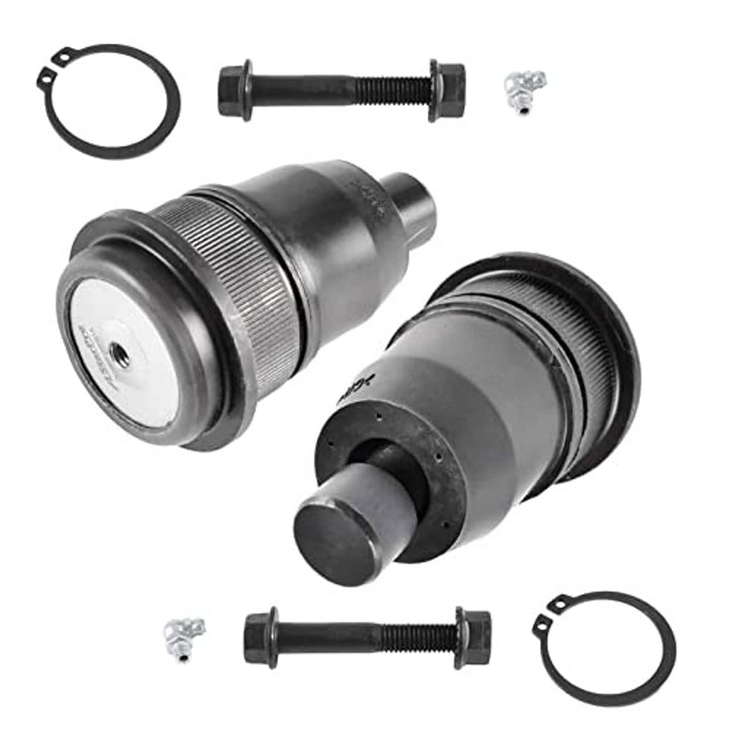 Two front upper ball joints with black housings, dust boots, bolts, and O-ring