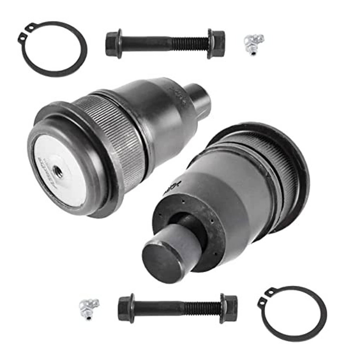 Two front upper ball joints with black housings, dust boots, bolts, and O-ring