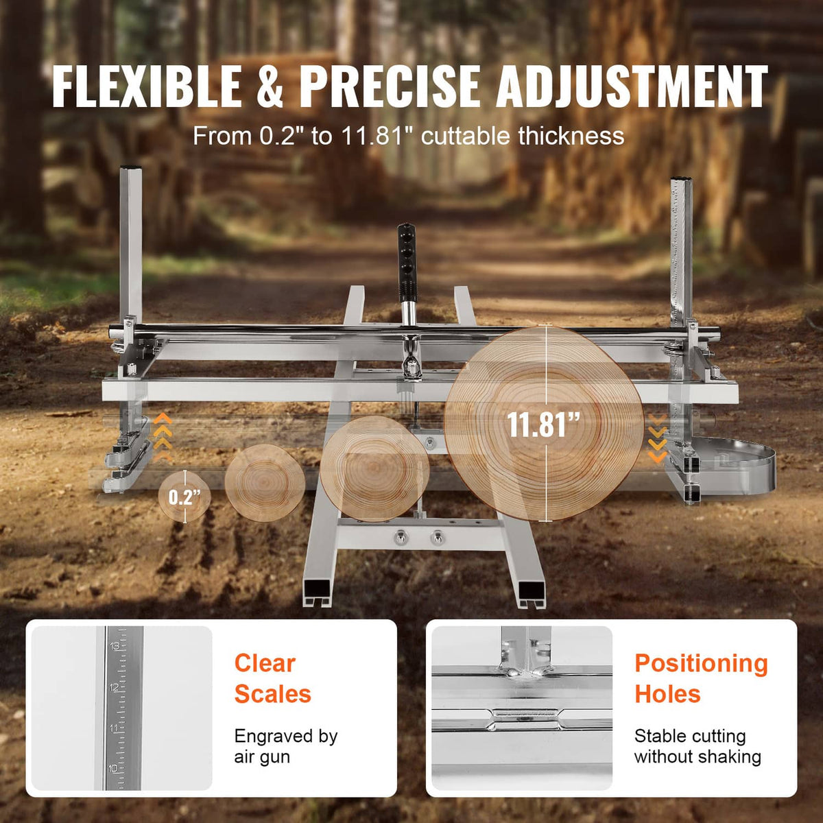 Adjustable chainsaw mill guide rail with clear measurement scales and positioning holes