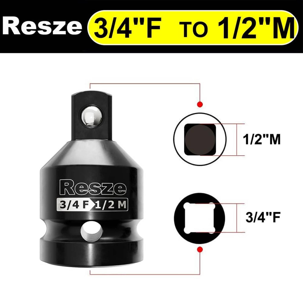 Black socket adapter reducer marked 3/4F to 1/2M, with drive connection hole