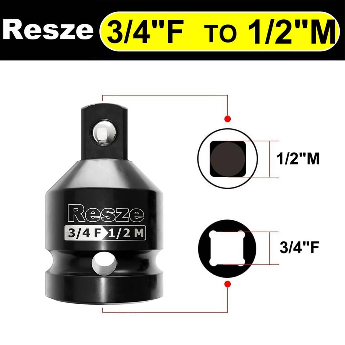 Black socket adapter reducer marked 3/4F to 1/2M, with drive connection hole