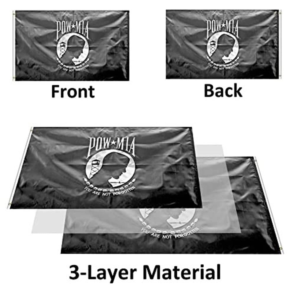 Double-sided POW*MIA nylon flag showing front and back views with matching emblem