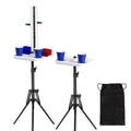 Cornhole scoreboard set with two table cup holders, score panels, and tripod stands