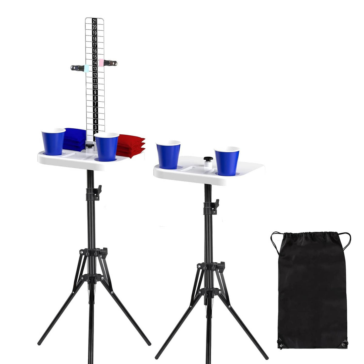 Cornhole scoreboard set with two table cup holders, score panels, and tripod stands