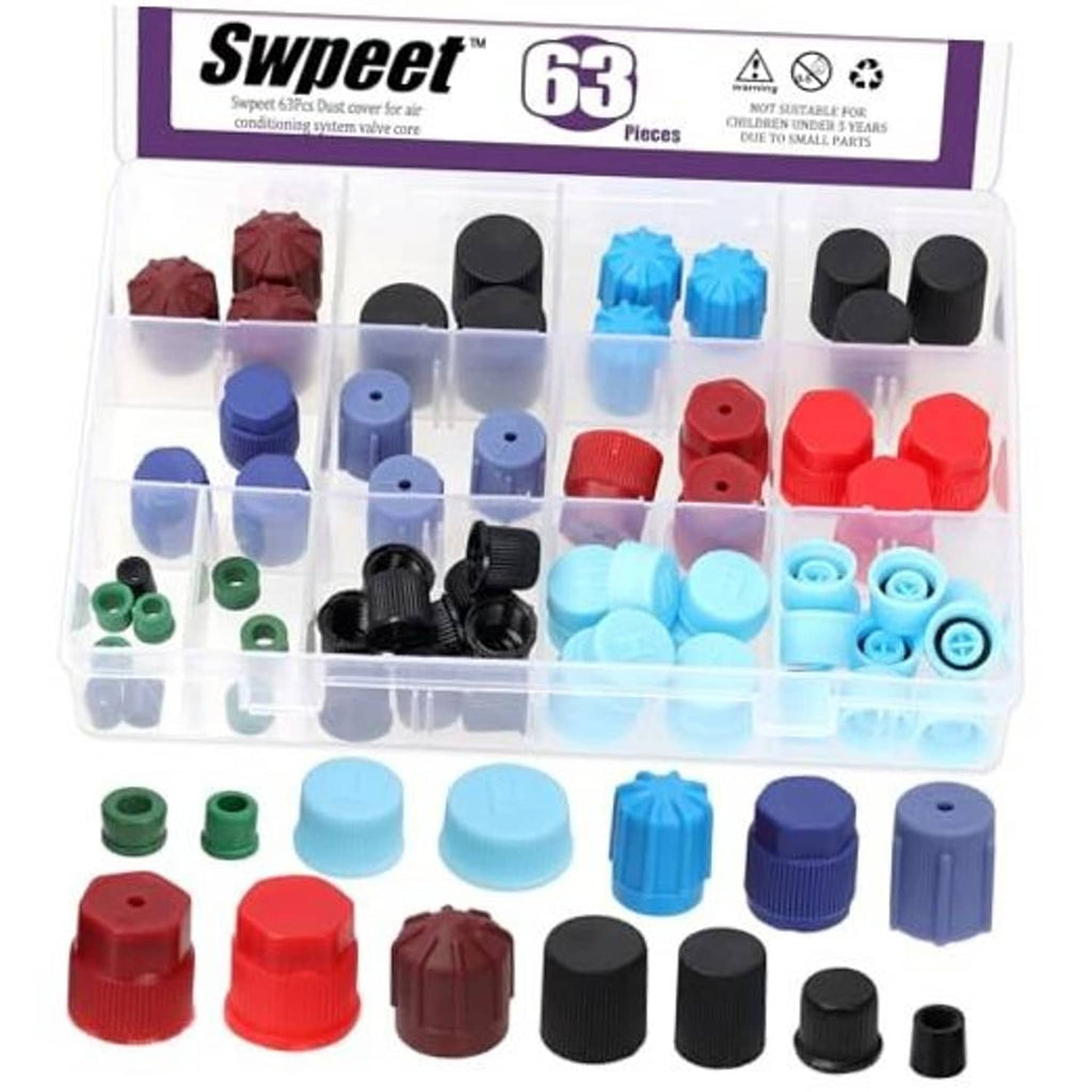 Auto A/C valve core caps set with 63 assorted colored rubber covers in storage tray