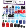 Auto A/C valve core caps set with 63 assorted colored rubber covers in storage tray