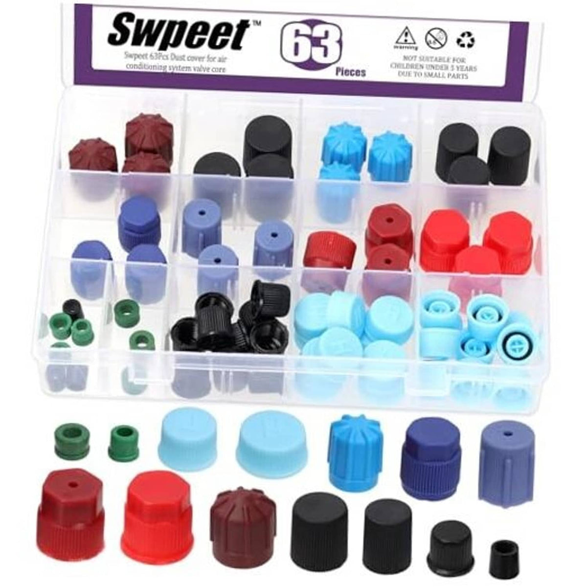 Auto A/C valve core caps set with 63 assorted colored rubber covers in storage tray