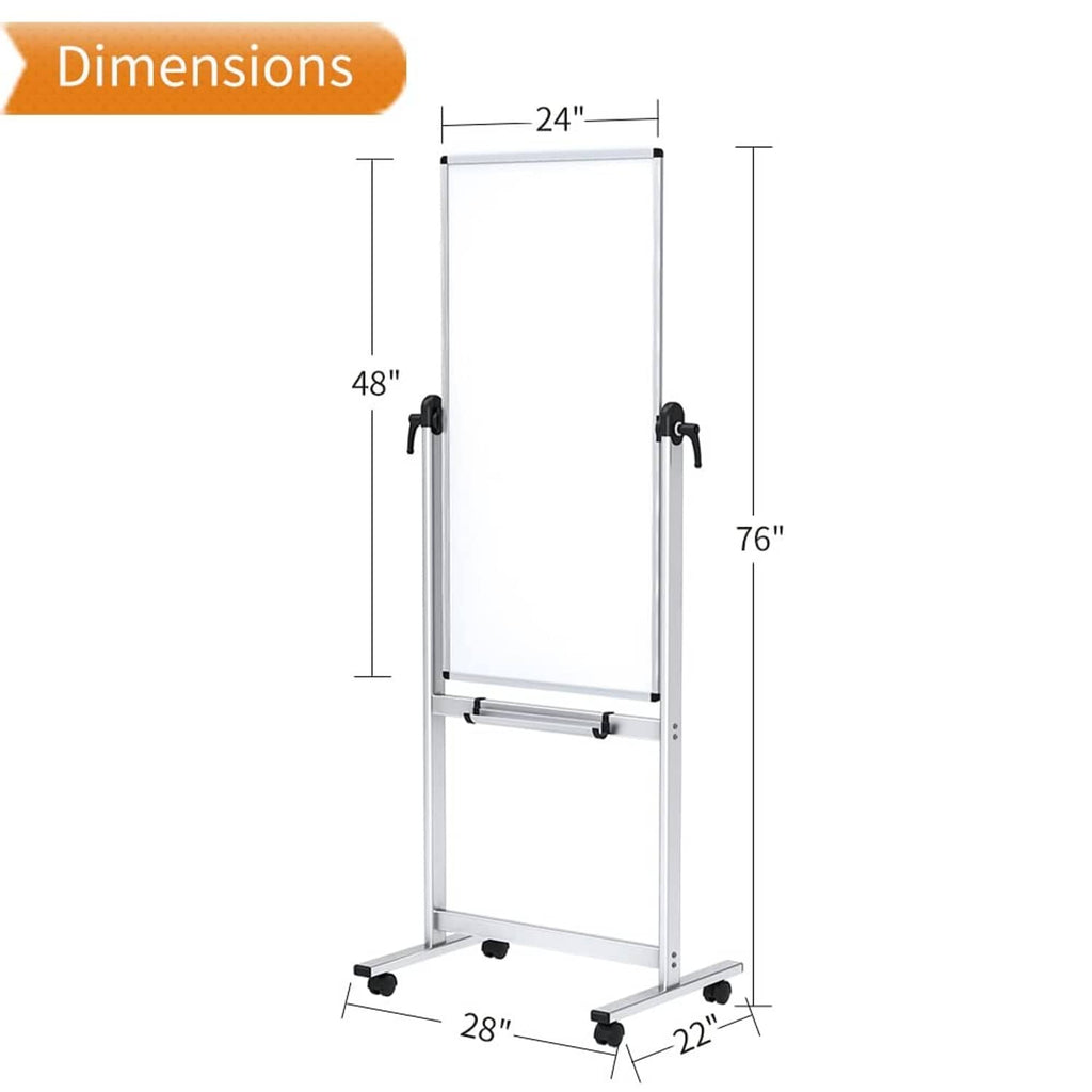 Freestanding mobile whiteboard with dimensions, dual handles, and caster base.