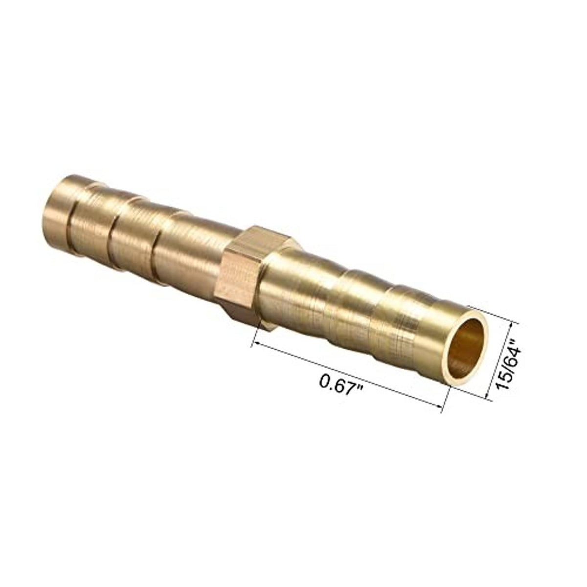 Brass straight barb hose splicer fitting with barbed ends; shows length dimension