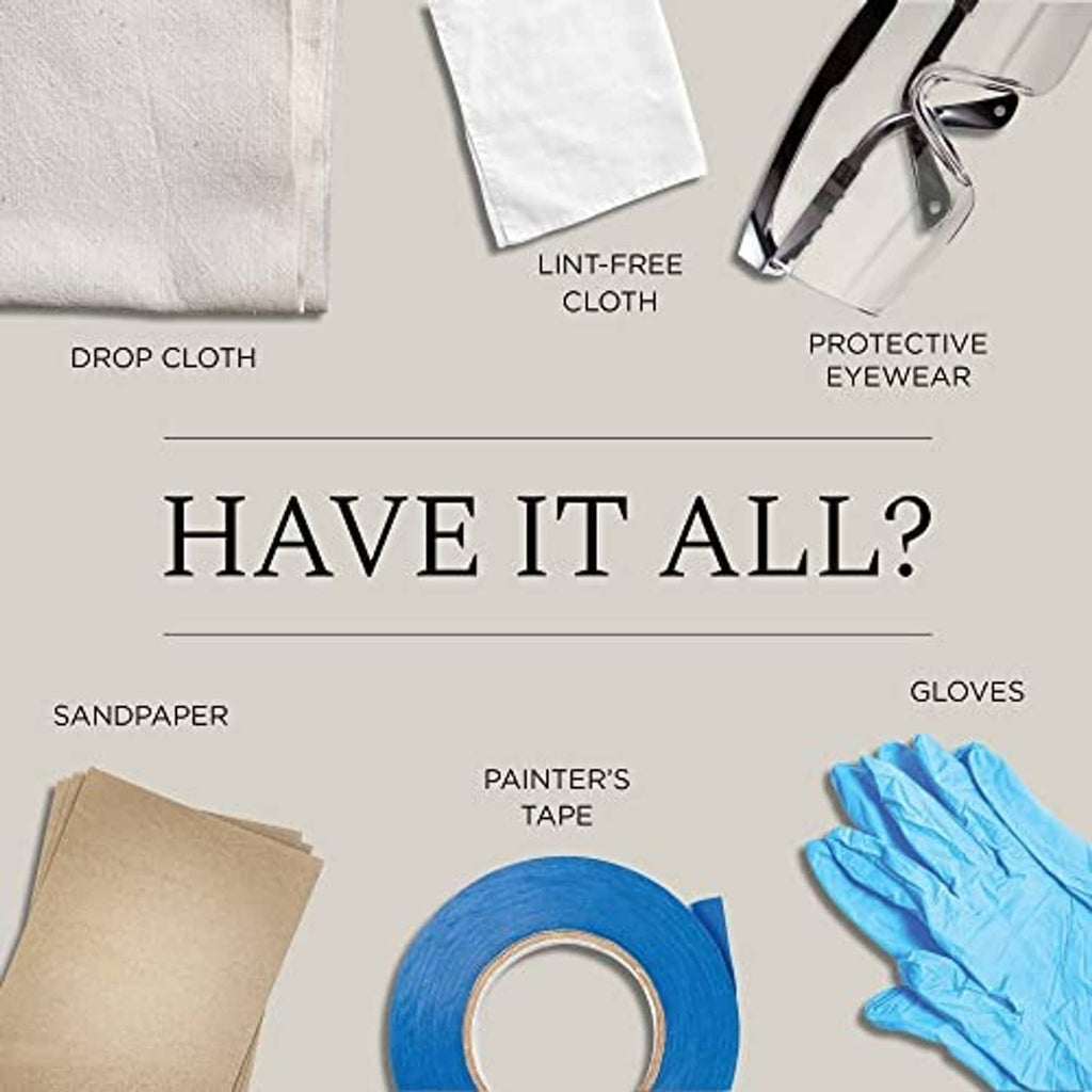 Painting prep tools layout: drop cloth, lint-free cloth, protective eyewear, gloves