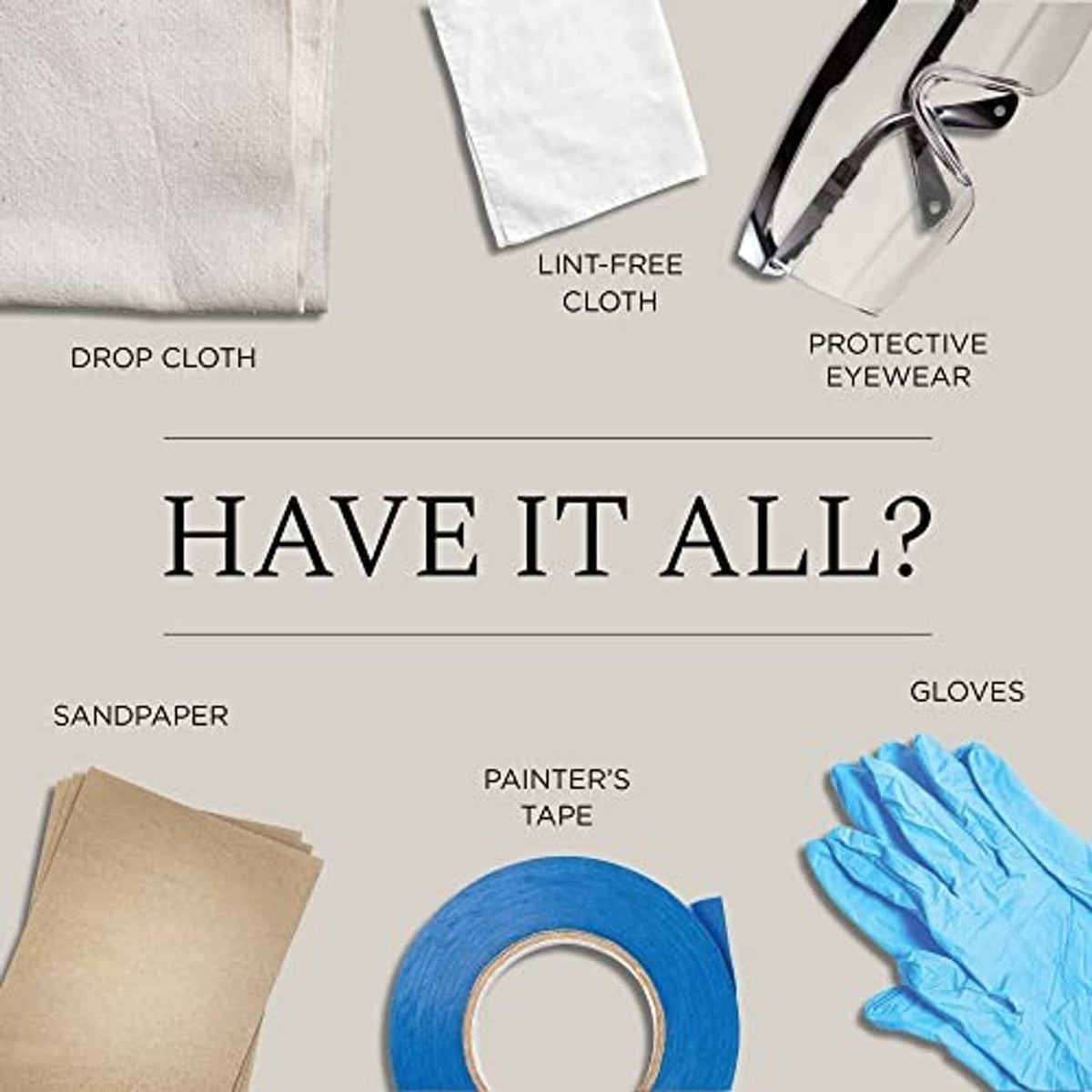 Painting prep tools layout: drop cloth, lint-free cloth, protective eyewear, gloves
