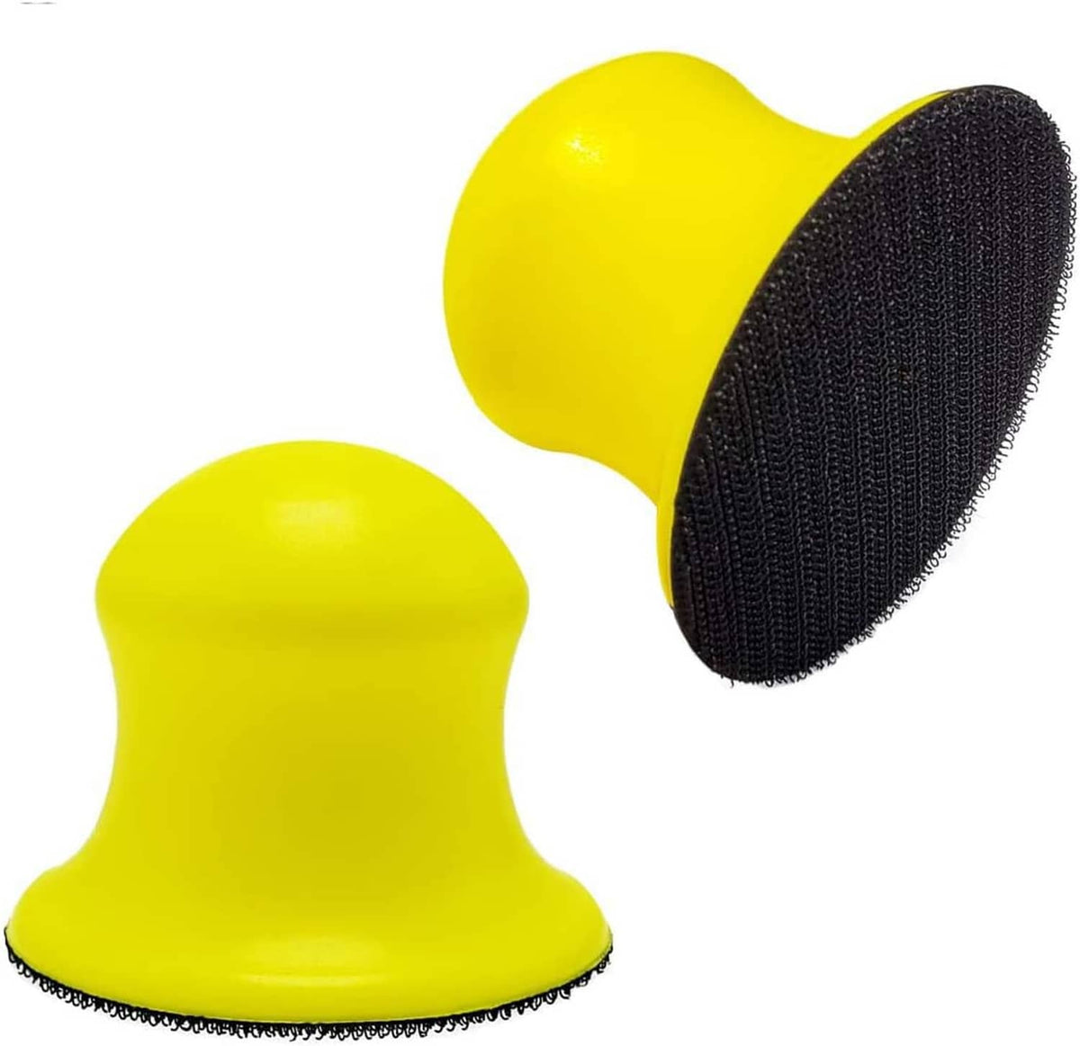 2-pack 3-inch round sanding blocks with yellow rubber backing and black hook pad