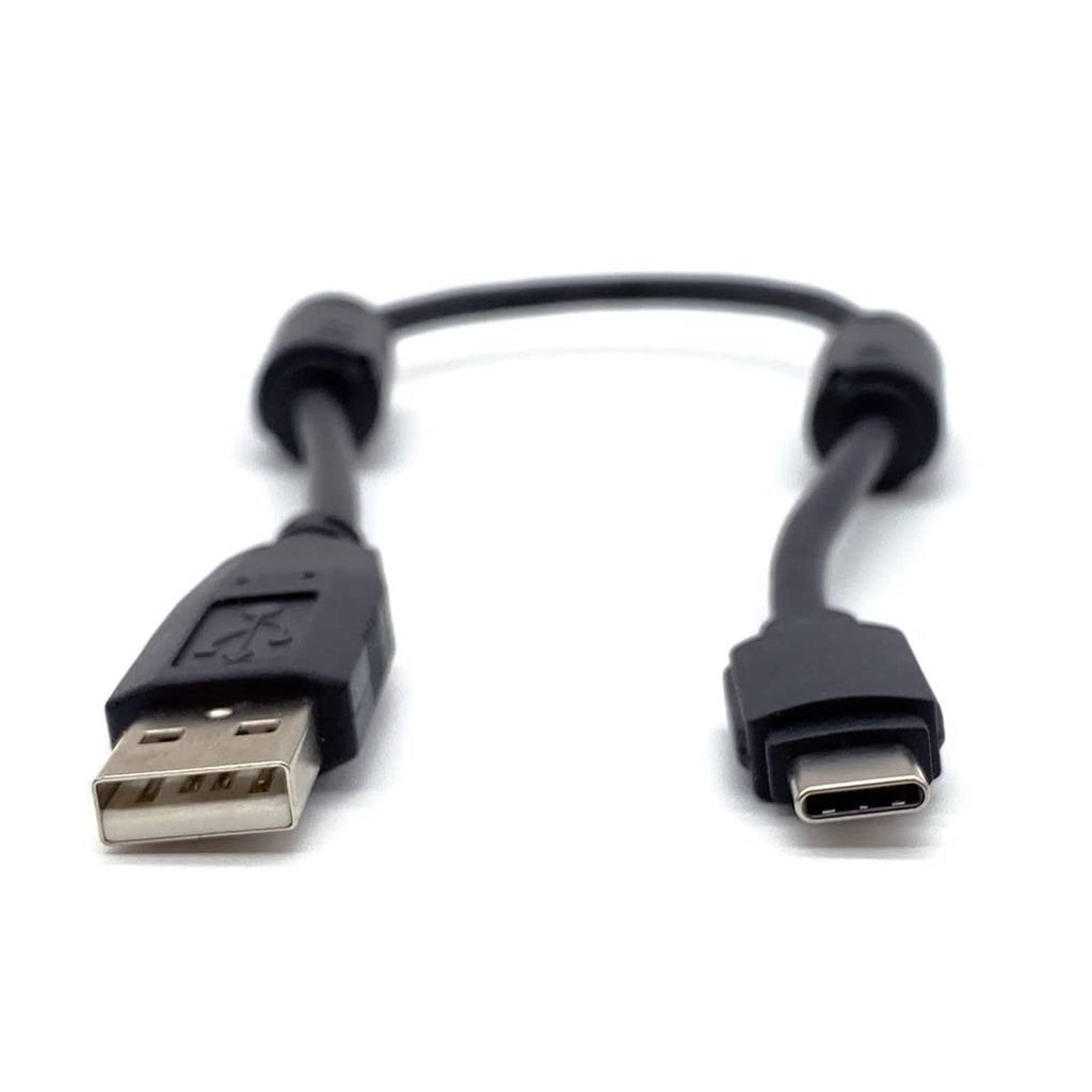 Black shielded USB-A to USB-C cable with ferrite cores; 15-inch short cord