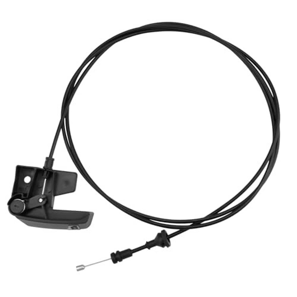 Black hood latch release cable with handle lever and metal pin end