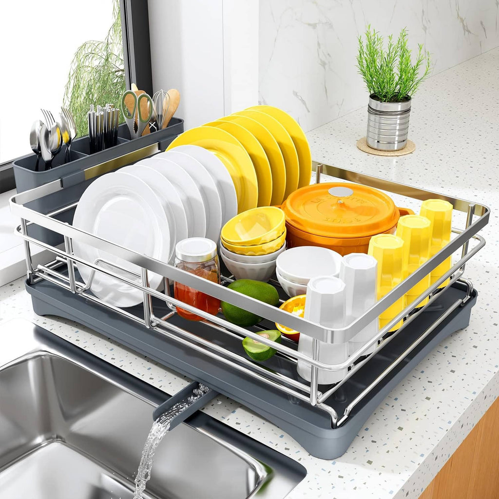 Silver dish drying rack with wire plate slots, cutlery holder, and drip tray.