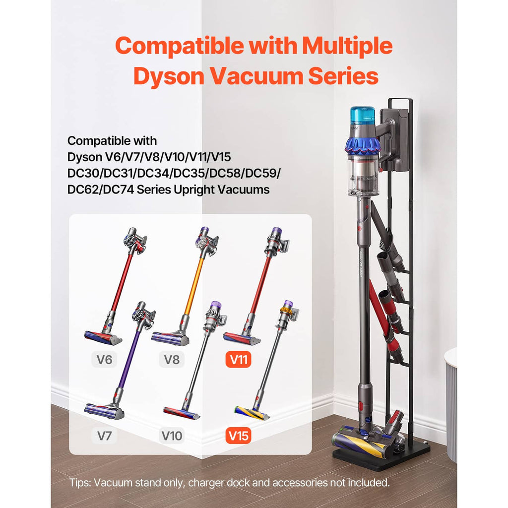 Vacuum stand with base holding a cordless vacuum and attachments on a vertical rack
