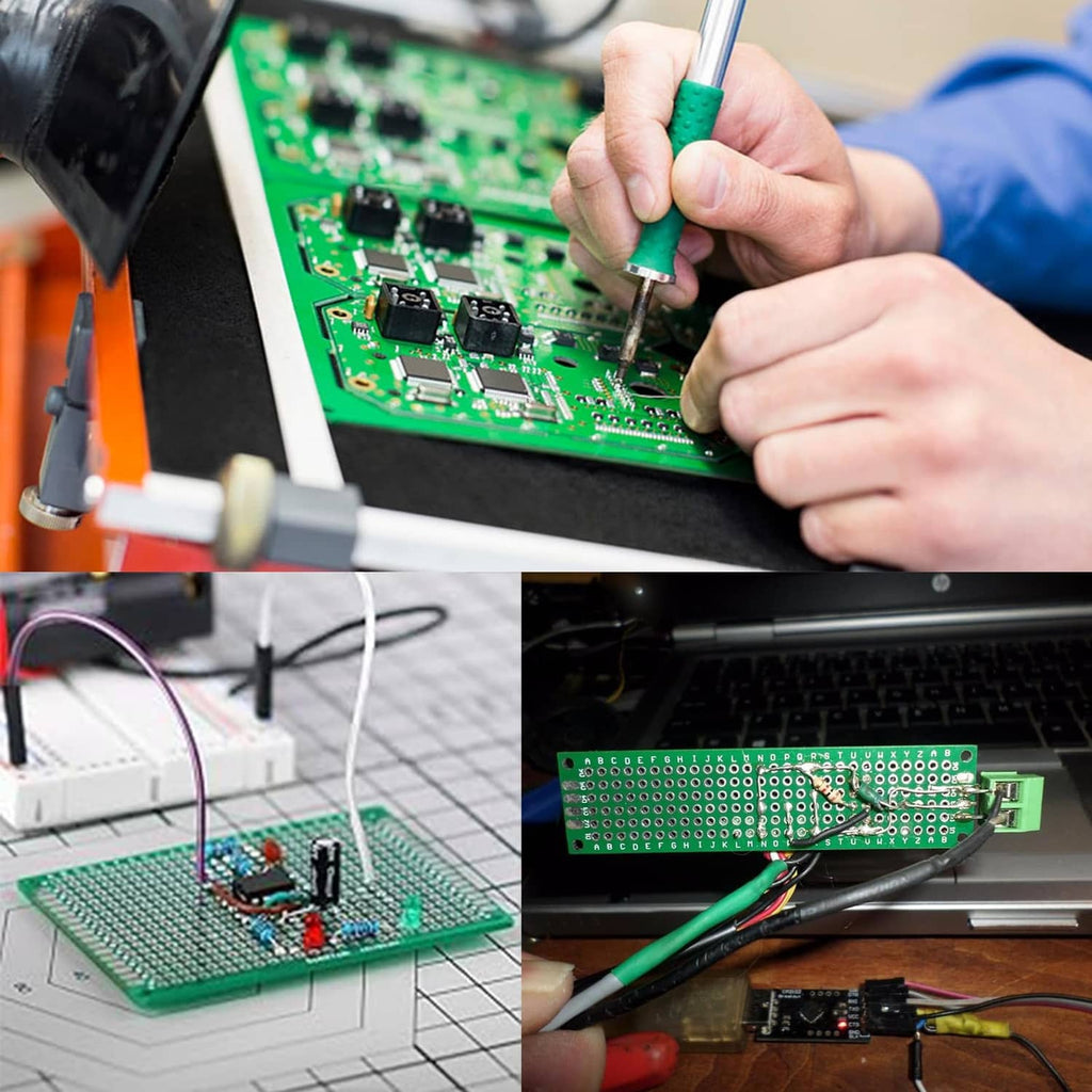Prototype PCB board with components; soldering iron tip and hand placing a pin
